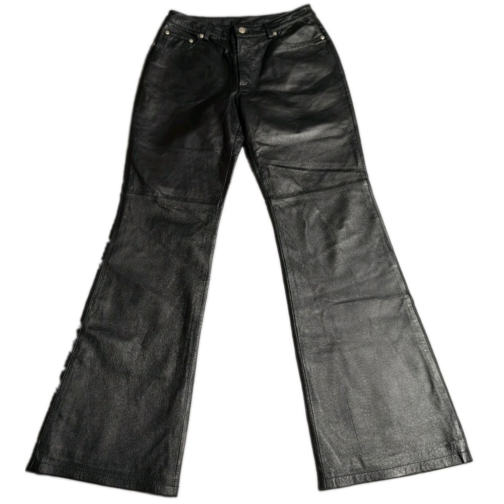 Newport News Jeanology Black Genuine Leather Flare Pants Womens 8 29x32 Bootcut